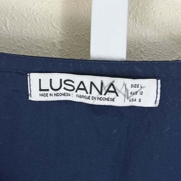 Lusana Tiered Surplice Puff Sleeve Midi Dress Womens Size 8 Navy Cotton - Picture 3 of 4